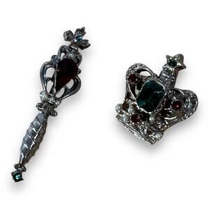 Vintage Crown Scepter Lapel Pins Costume Jewelry Silver Tone 1960s Set